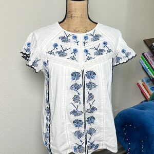 bohme White Peasant Top with Blue Embroidery